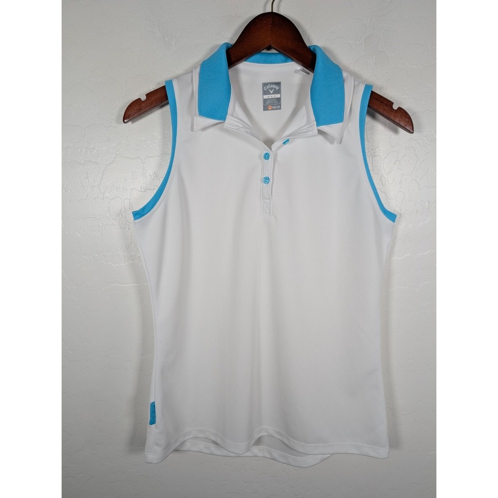 Callaway Polo‎ Top Women's Medium White Opti Dry Golf Sleeveless 1/4 Button Down